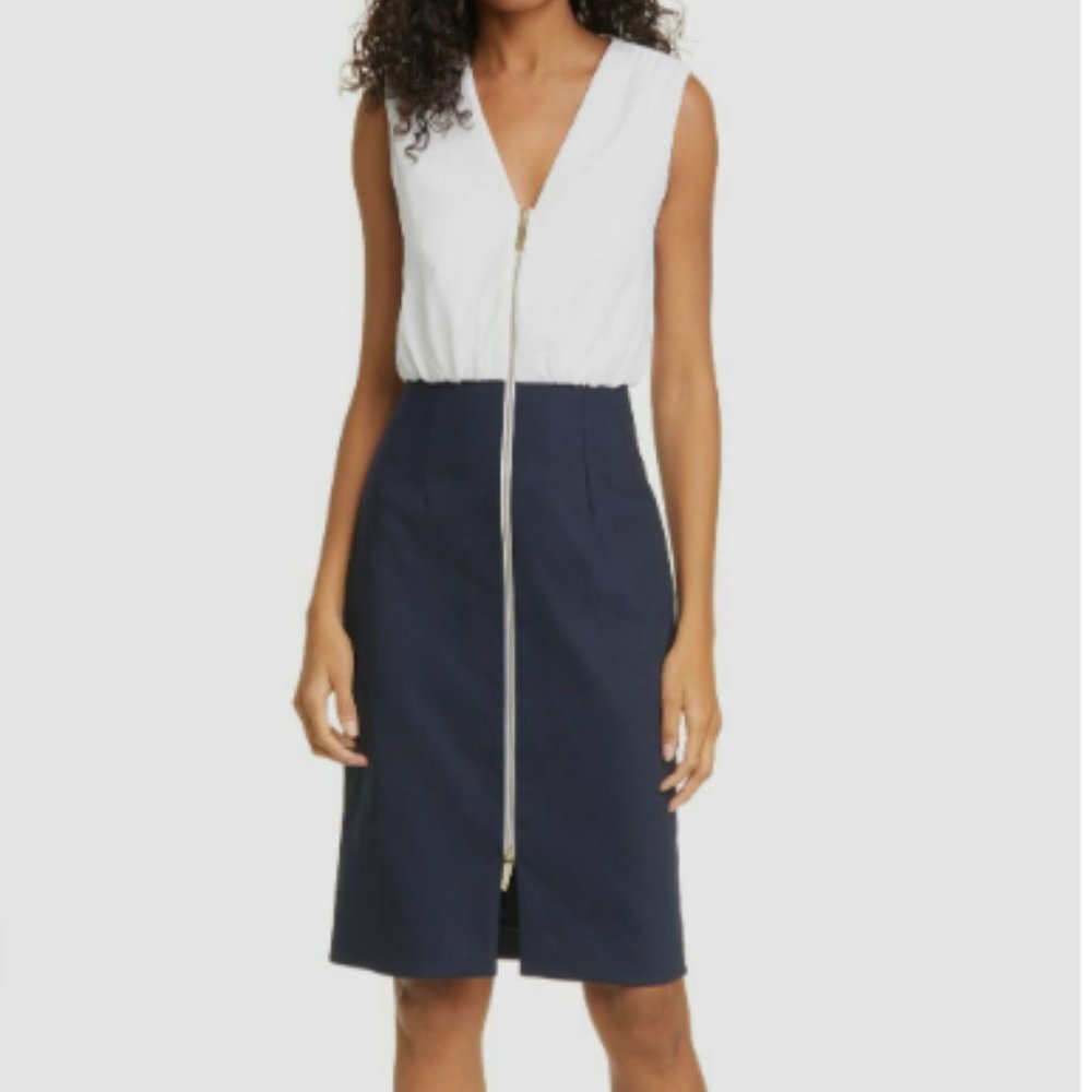 Ted Baker Annise Dress 2 Blue White Colorblock Gold Front Zipper Sleeveless